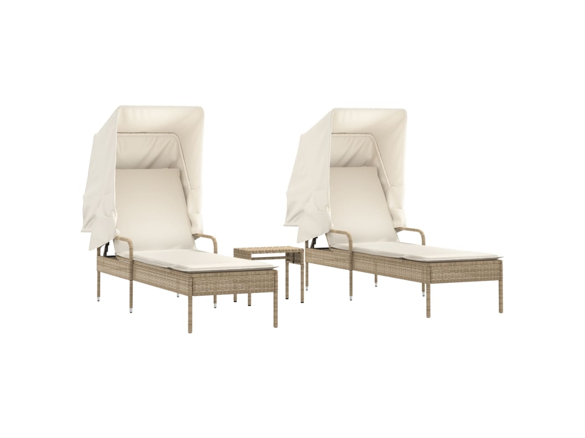 Tumbonas con toldo y mesa, 2 piezas, mimbre, beige, MAISON EXCLUSIVE