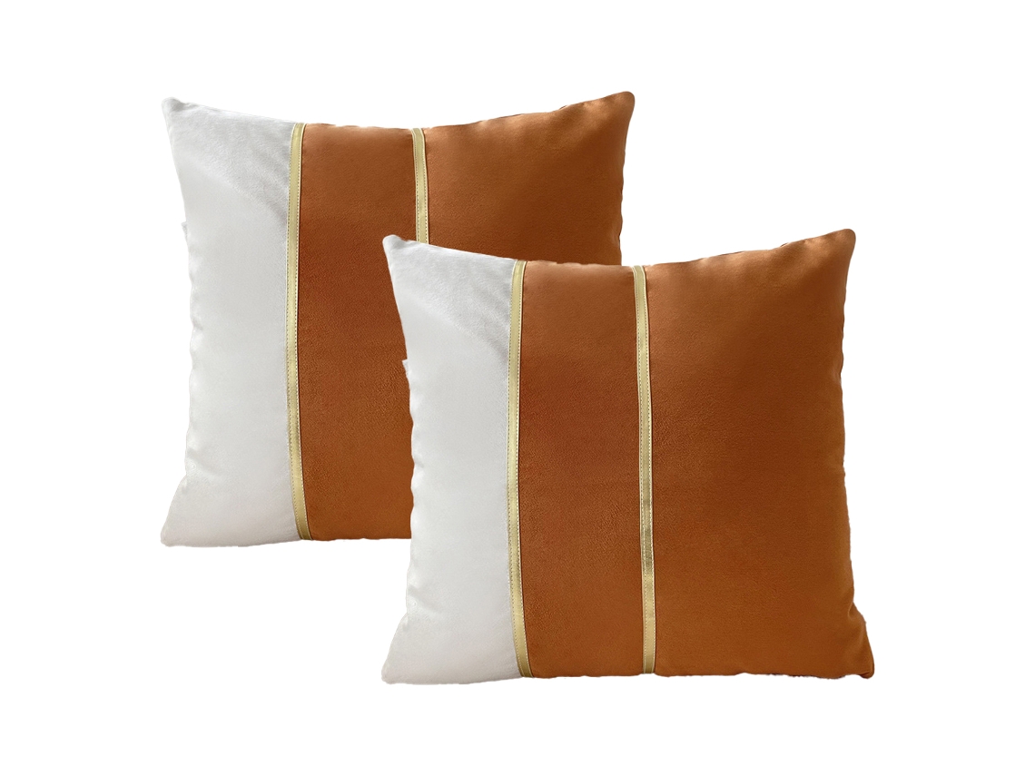 Juego De 2 Fundas De Almohada De Terciopelo Con Detalles En Cuero Dorado, 45,7 X 45,7 Cm