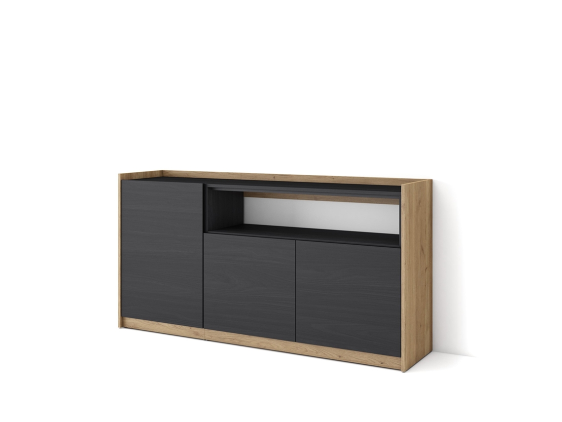 Aparador de comedor, 156x37x80cm, 3 puertas, armario de almacenamiento, negro y roble.