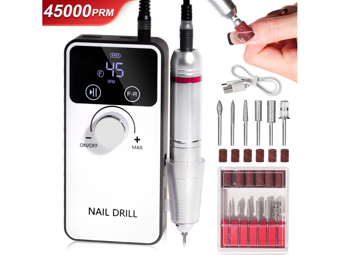 Taladro eléctrico de uñas de 45000 rpm, juego de manicura inalámbrico 6 en 1, máquina pulidora de uñas recargable con pantalla LCD de 2000 mAh, color blanco Lalamoli