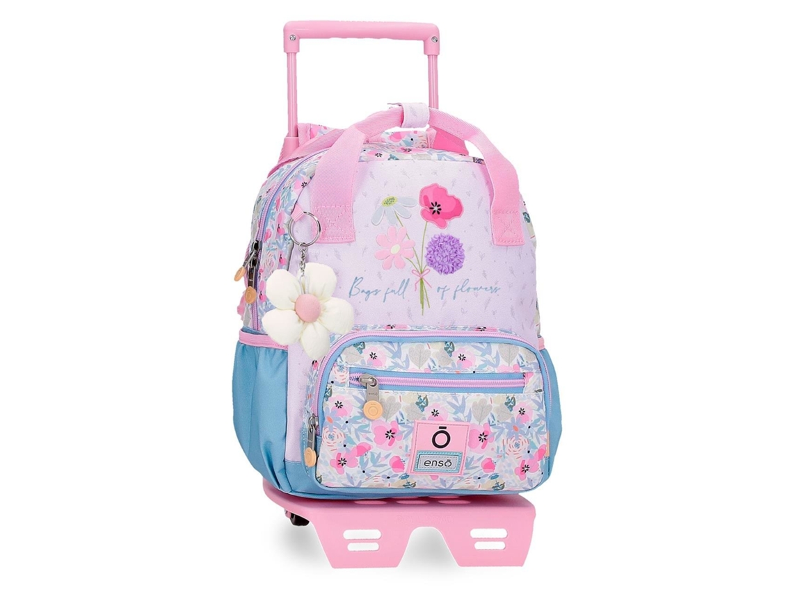 Mochila escolar Enso de poliéster rosa claro con flores y carrito