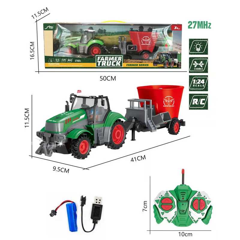 Coche Teledirigido A Escala 1:24, Camión Agrícola Radiocontrolado De 27 Mhz Con Luces Led