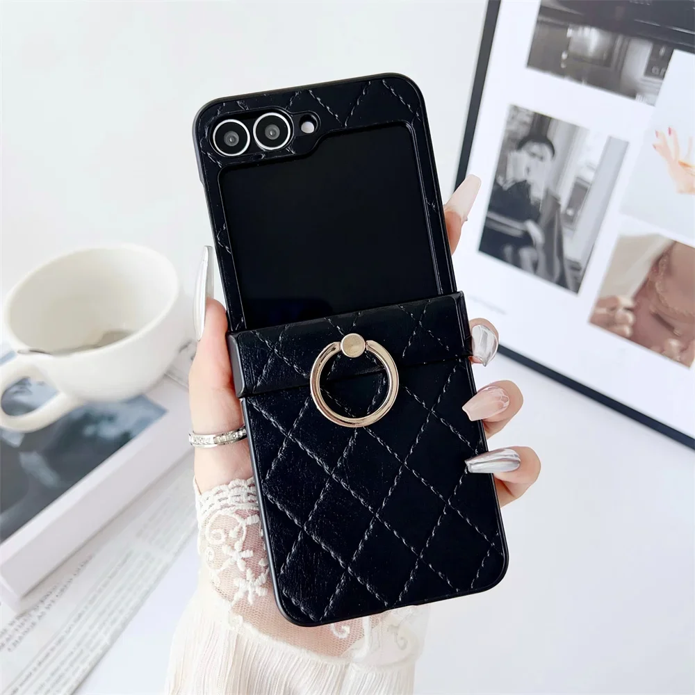 (negro, Galaxy Z Flip5) Funda Para Teléfono De Cuero Genuino Con Diseño De Malla, Soporte De Anillo Y Tapa Abatible A Prueba De Golpes.