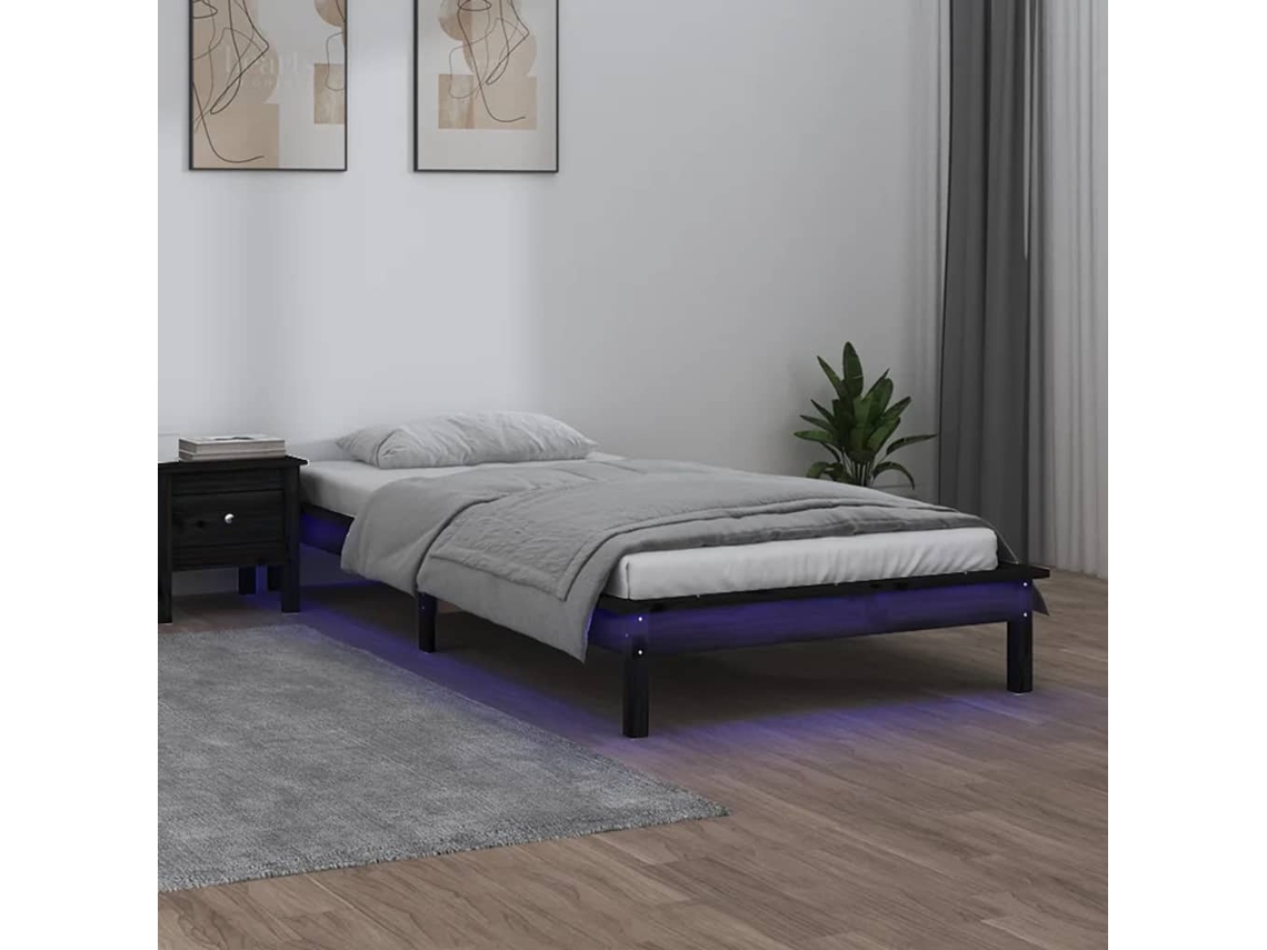 Estructura De Cama Con Led Madera Maciza Negra 90x190 Cm
