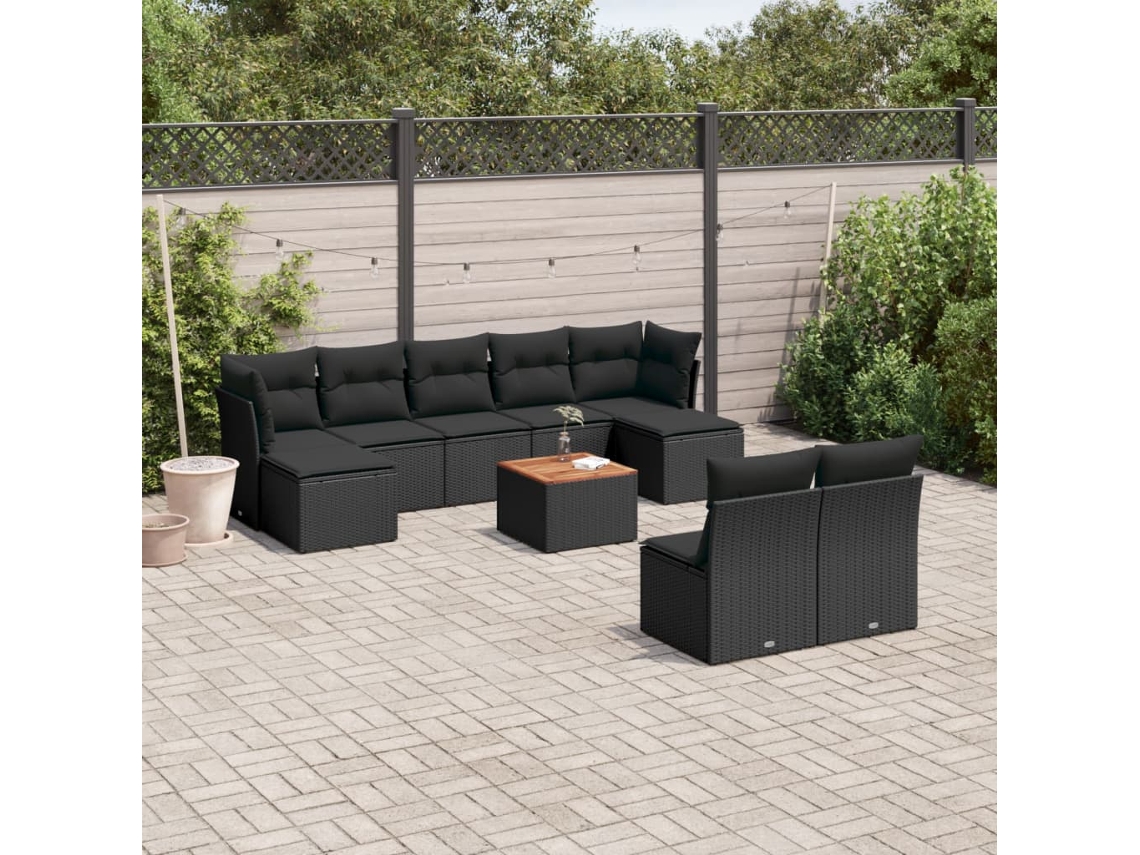 Conjunto de sofá de jardín de 10 piezas con cojines en mimbre sintético negro de DKD Home Decor