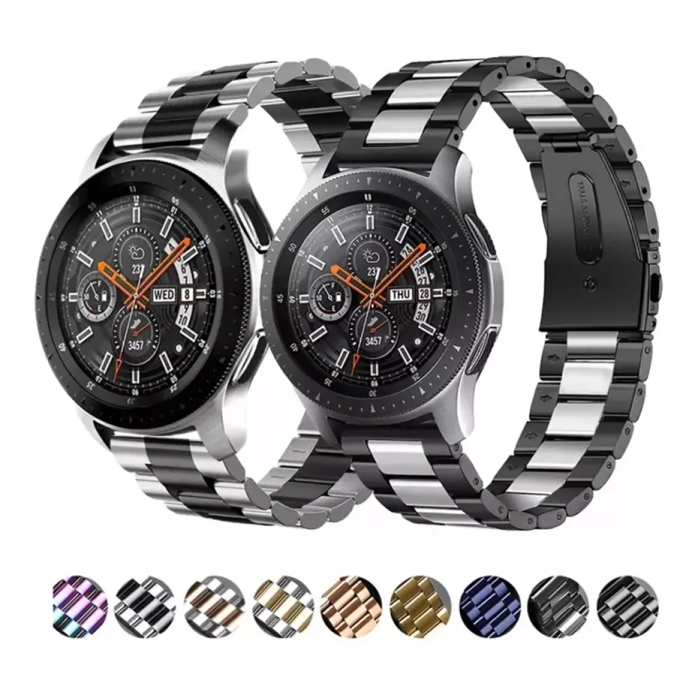 Correa de acero inoxidable con acabado y materiales avanzados para Samsung Galaxy Watch, superficie de metal cepillado y mecanismo de liberación rápida.