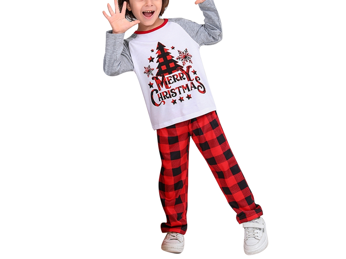 Pijamas Navideños Para Niños 2y, Cuello Redondo, Mangas Largas, Patrón De Árbol Y Cuadrícula, Rojo, Conjunto Familiar