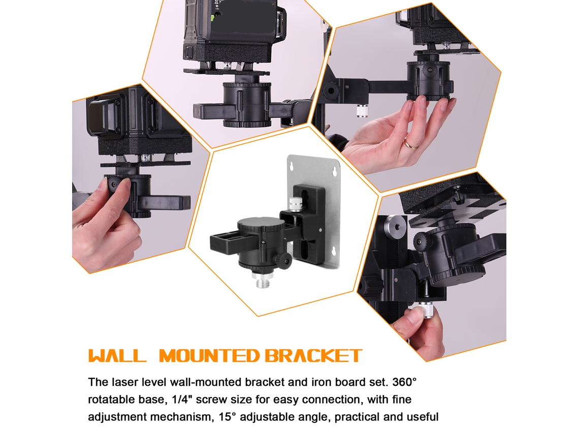 Soporte De Pared Para Nivel Láser Con Rotación De 360° Y Ángulo De Inclinación Ajustable De 15°, Placa De Hierro, Adaptador De 1/4" A 5/8".