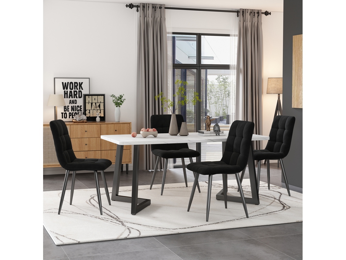 Juego de comedor de 5 piezas: mesa rectangular con 4 sillas en terciopelo negro, estructura negra, MOBRIO