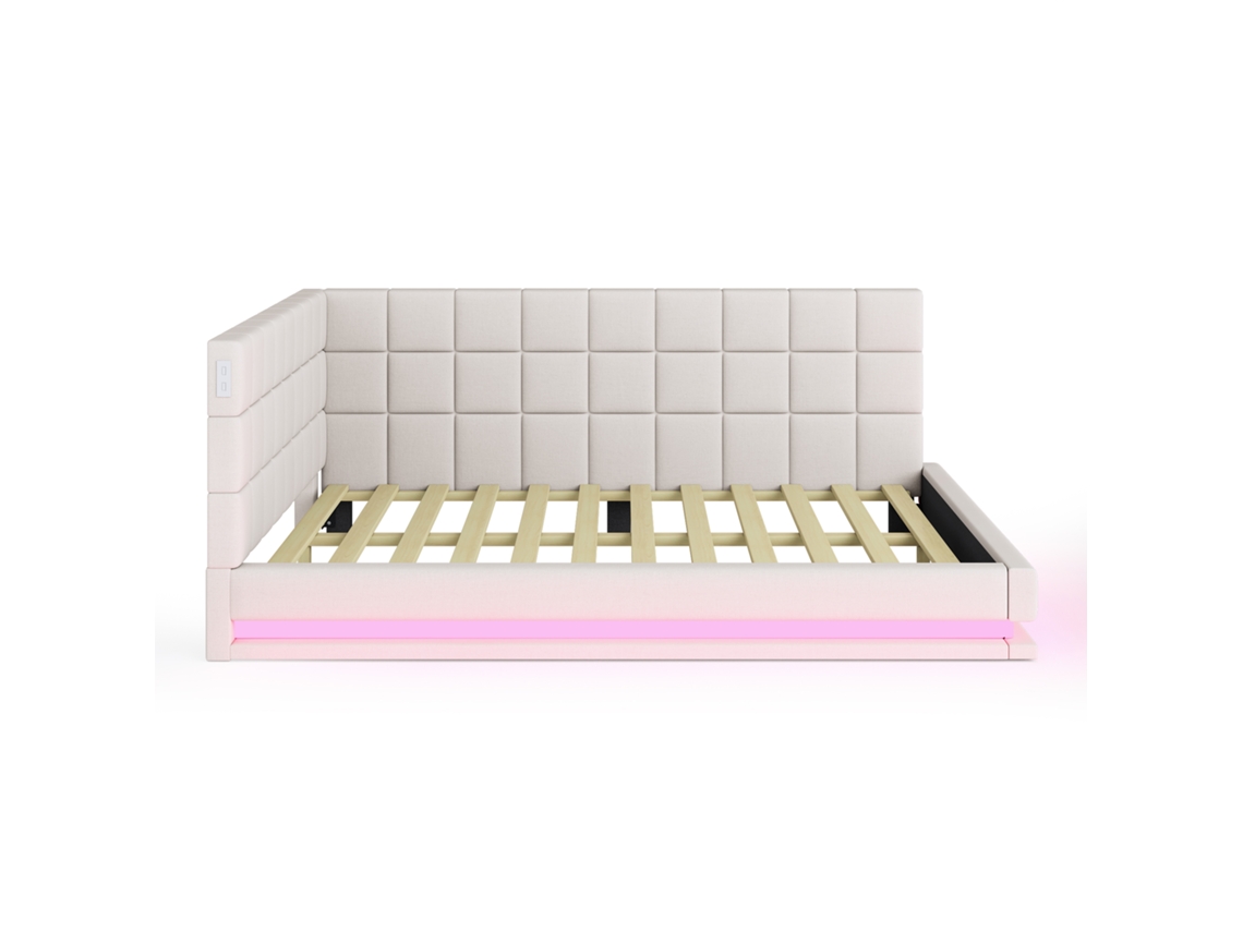 Sofá cama tapizado con portalámparas LED, madera y terciopelo beige (140 x 200 cm)