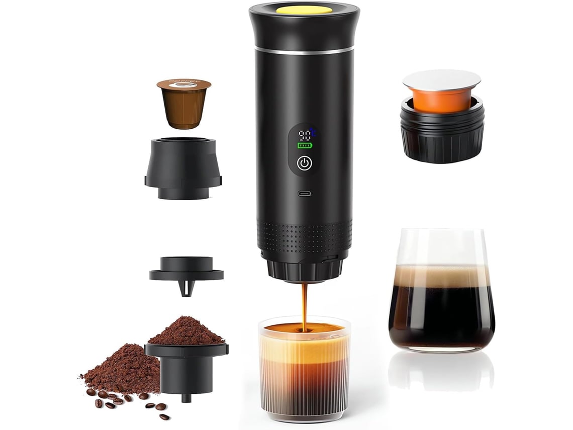 Cafetera portátil 3 en 1, con calefacción eléctrica y pantalla digital, compatible con cápsulas y café en polvo, color negro Digitallab