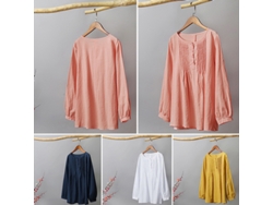 Blusa Informal De Algodón Para Mujer, Manga Larga, Cuello Redondo Y Corte Holgado Con Botones - Top De Verano