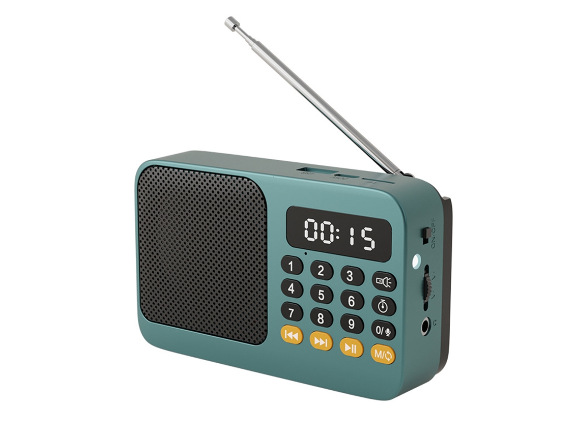 Radio FM portátil con linterna y función recargable. Mdug (verde)