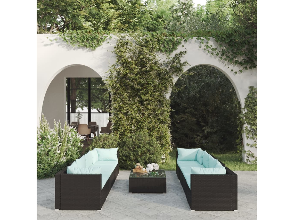 Conjunto de jardín de 9 piezas con cojines, mimbre sintético negro, DKD Home Decor