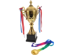 Trofeo De Oro Para El Ganador Con Medalla, Diseño Elegante Y Robusto.