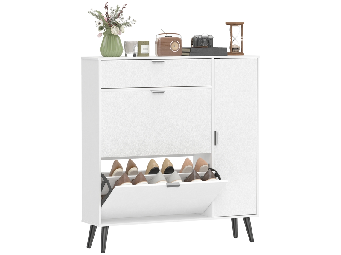 Zapatero Estrecho Con 2 Compartimentos Abatibles, Puertas De Piel De Lichi Y Estantes Ajustables, Blanco.