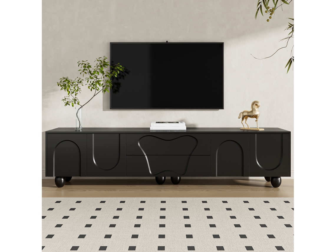 Mueble para TV KOMHTOM, para televisores de 65 a 85 pulgadas, puertas curvas, cajones, organizador, patas de madera maciza, 180x40x42 cm, negro.