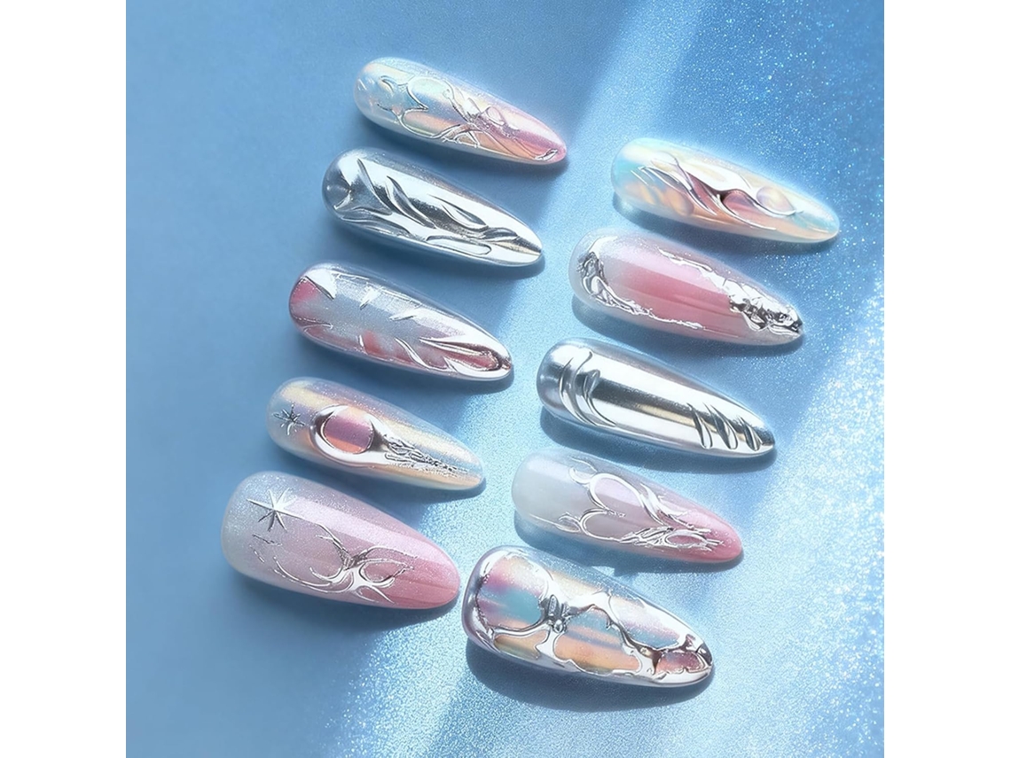 Juego De 30 Uñas Postizas Largas Con Forma De Almendra - Plata Y Cromo Abs Cobertura Completa