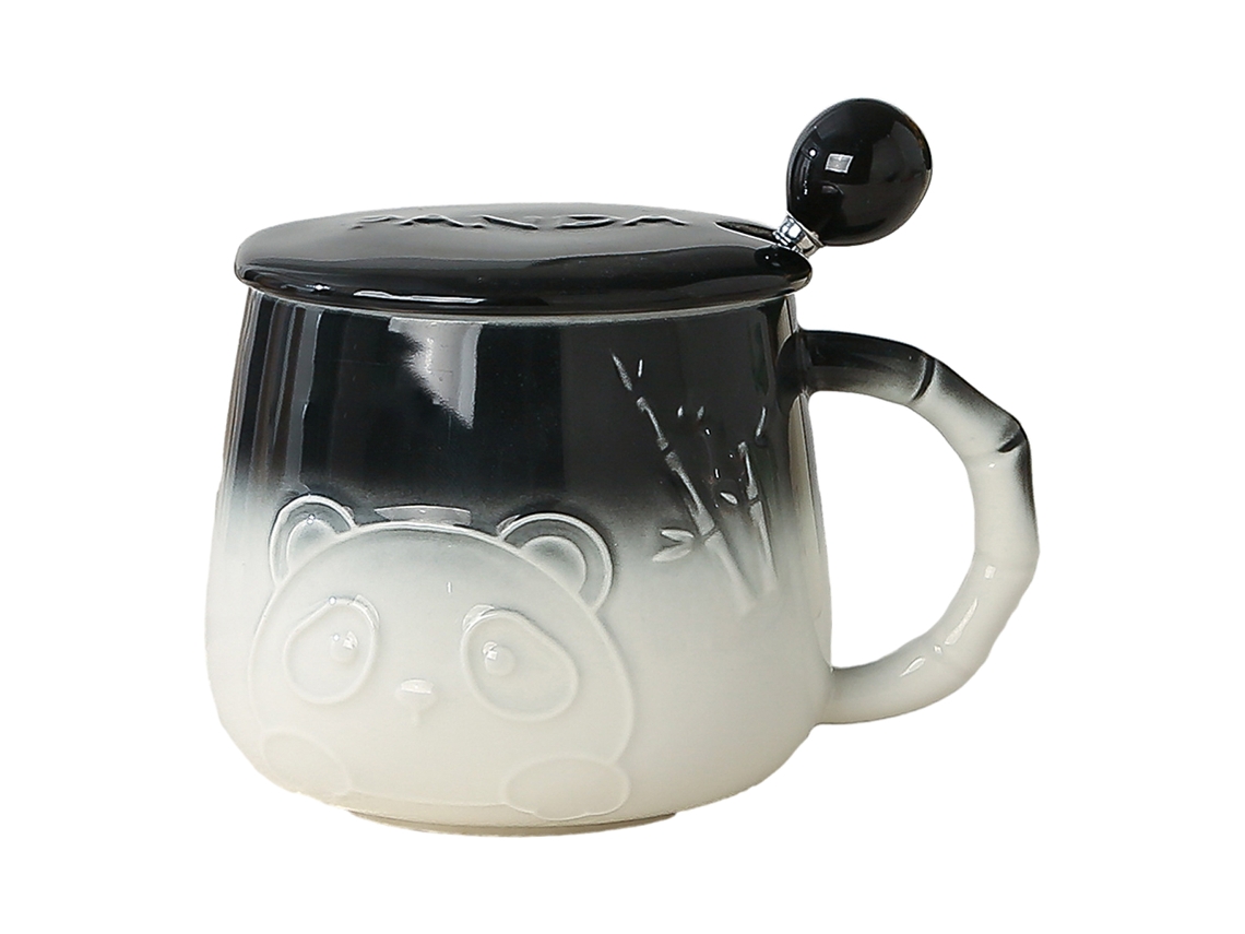 Taza de agua de 400 ml, taza de cerámica de panda en relieve con tapa y cuchara, taza de leche de alto valor para el hogar NEVEANCE