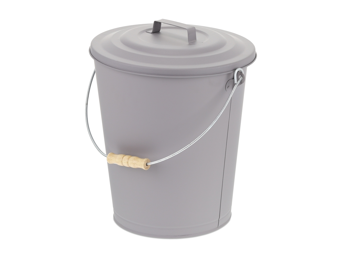 Relaxdays Cubo Cenizas Con Tapa, 24 Litros, Accesorio Chimenea, Bbq, Acero Y Madera, Contenedor Ceniza Con Asa, Gris