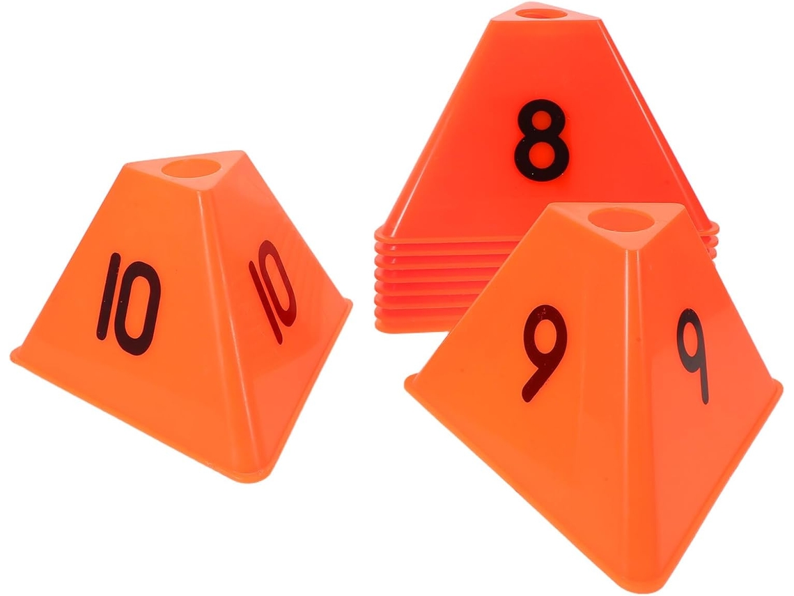 10 conos de fútbol naranjas numerados, marcadores triangulares para agilidad, tenis y otros deportes.