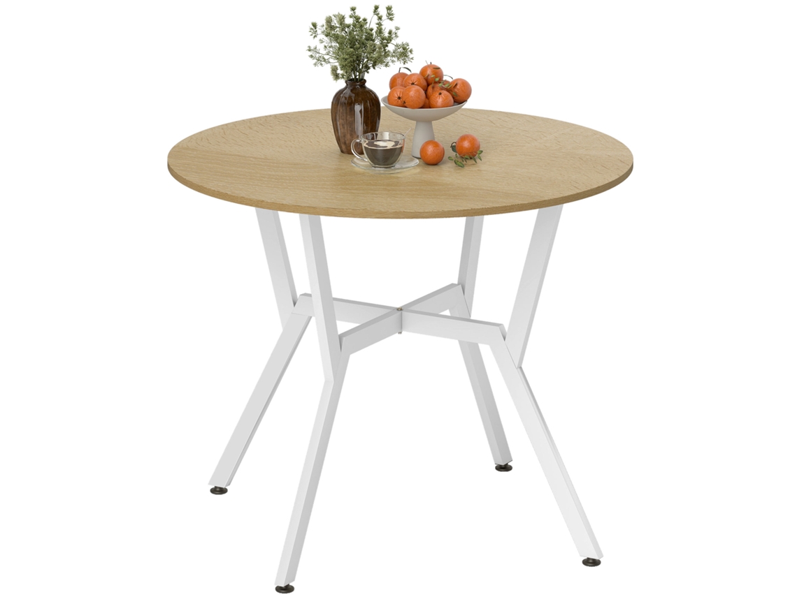 Mesa Redonda Para 2 Personas, Estilo Industrial, Patas De Acero Curvadas, 90x90x76cm, Blanco Natural.