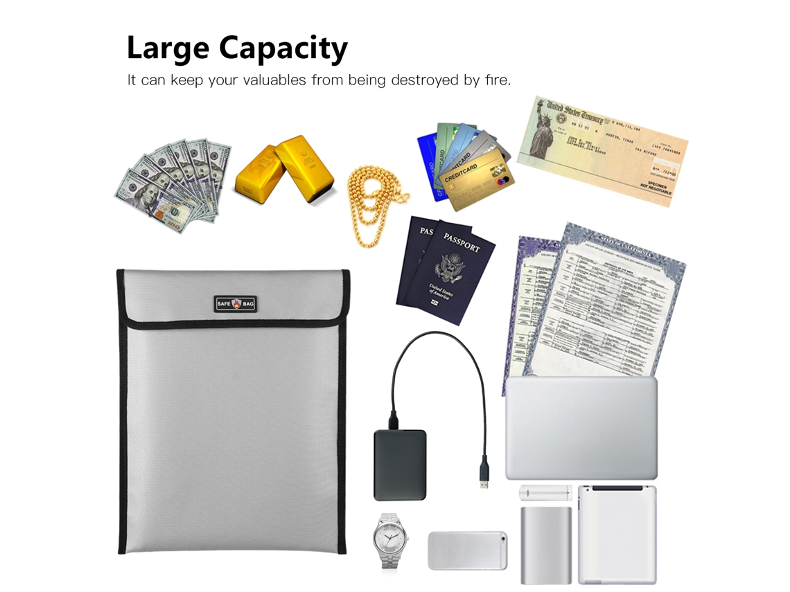 Estuche ignífugo para documentos de 34 x 27,4 cm (13,4 x 10,8 pulgadas), resistente al fuego y al agua, con cierre de cremallera para dinero, documentos, joyas y pasaportes.