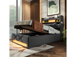 Cama Individual Gris De 90x200 Cm, Led De 360°, Usb-c, Hidráulica