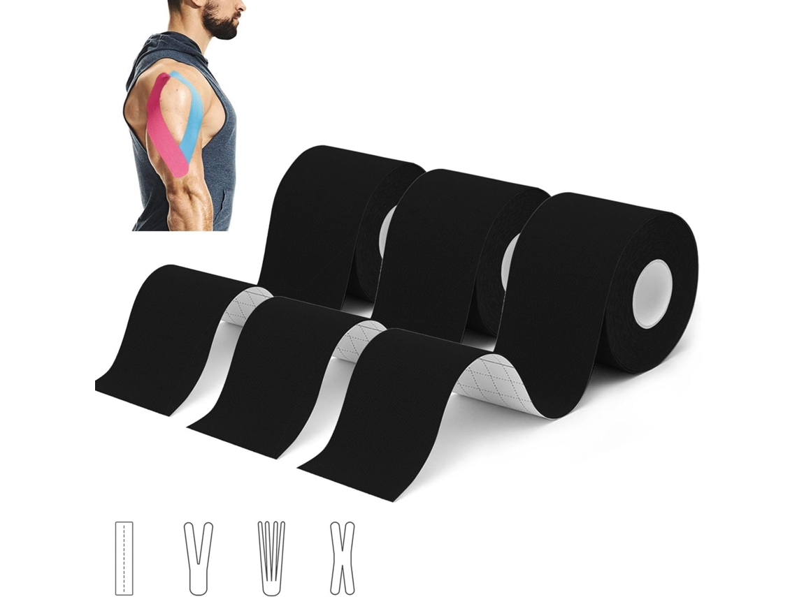Juego De 3 Rollos De Cinta Kinesiológica De 5 M X 5 Cm Para Hombros, Rodillas Y Codos, Alivio Del Dolor, Resistente Al Agua, Digitallab Negro