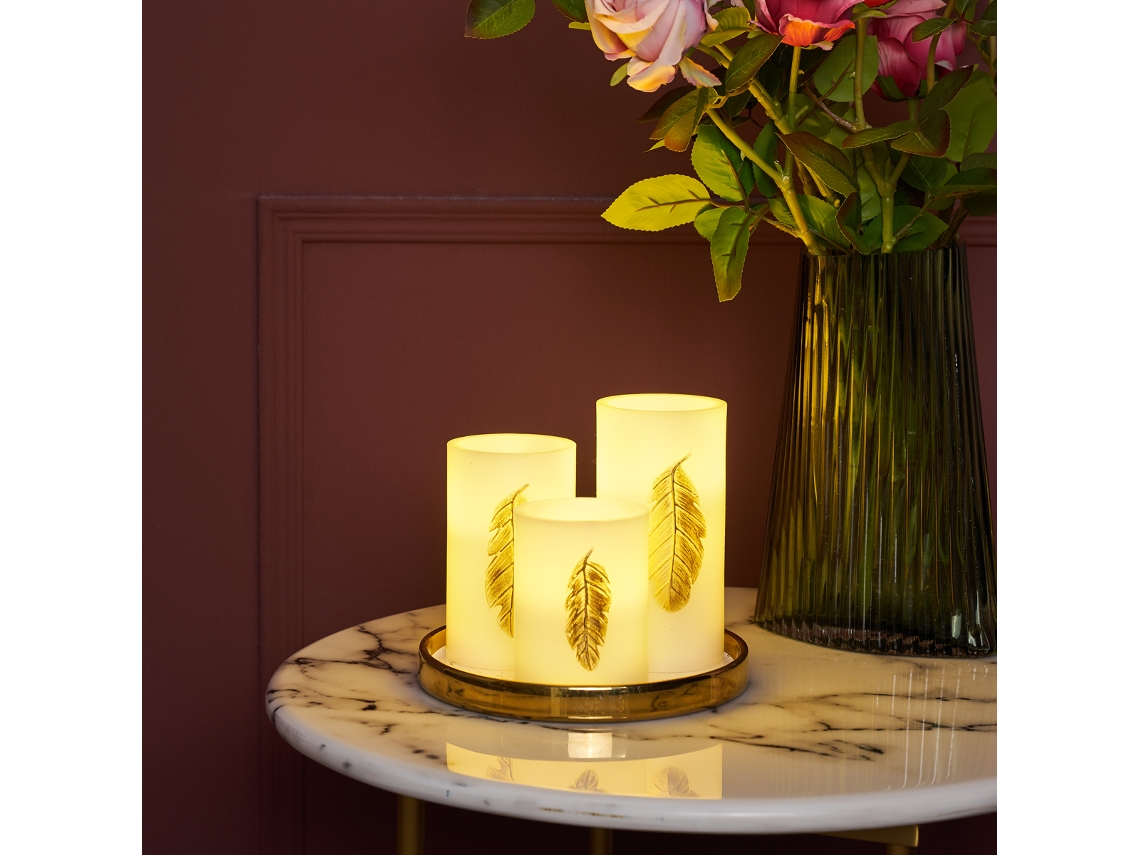 Set de 3 velas PAULEEN Golden Feather 7,6 cm, 7,6 cm et 10 cm