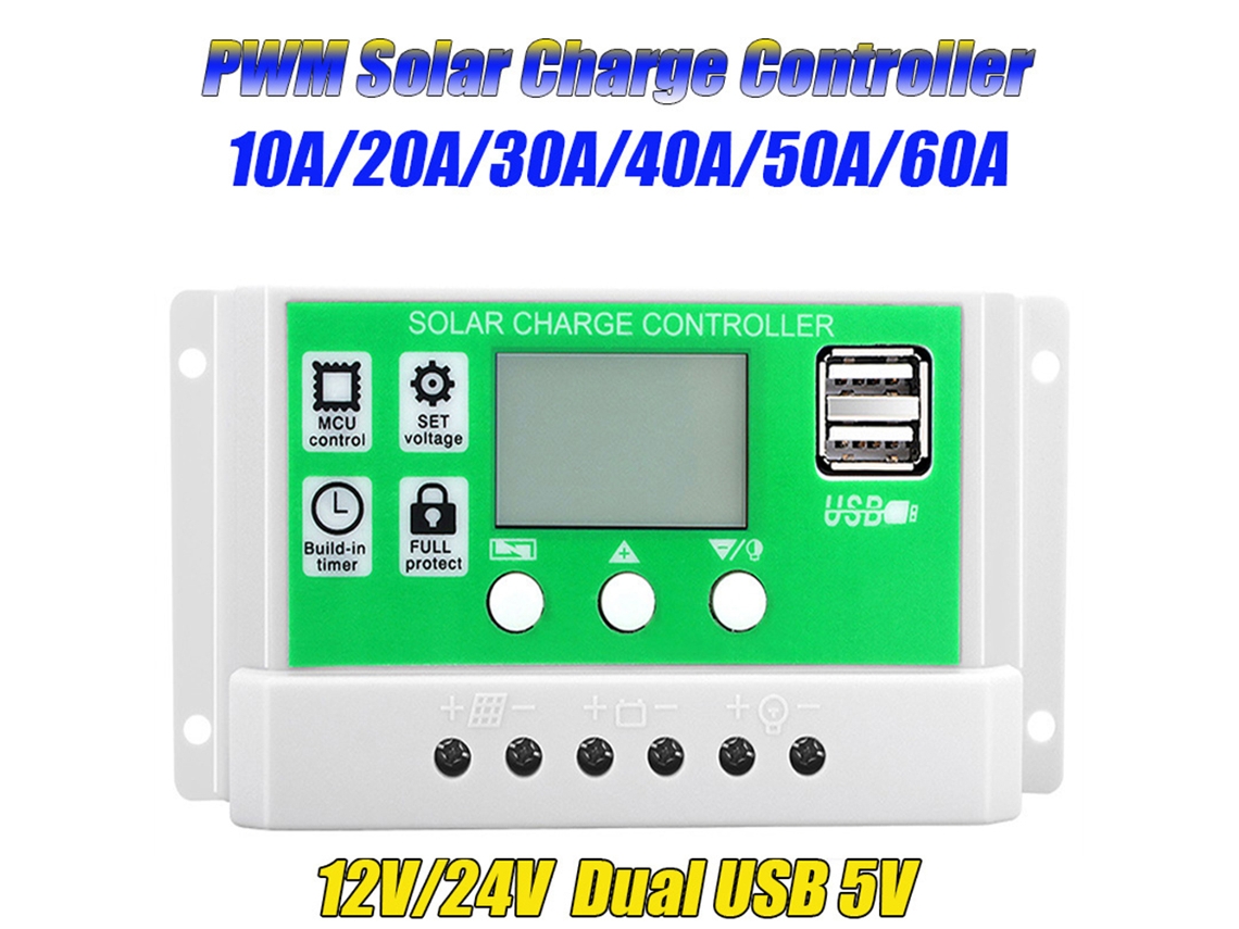 Controlador De Carga Solar Pwm Automático De 50 A, 12 V/24 V, Con Pantalla Lcd Y Doble Salida Usb De 5 V.