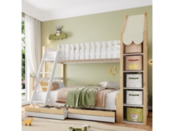 Cama Alta 90x200 Cm + 140x200 Cm - Con Barandillas, Escalera, 2 Cajones, Valla Irregular - Blanco + Natural