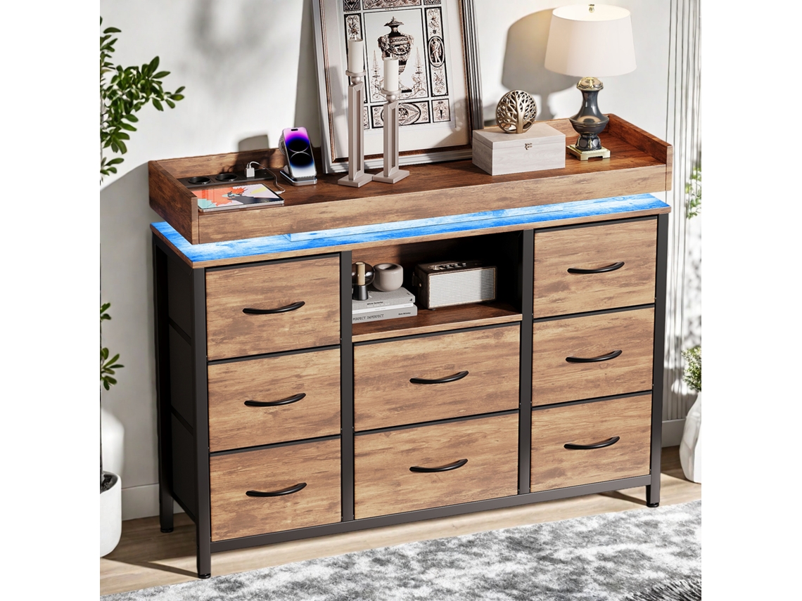 Cómoda, Armario Con 8 Cajones, Aparador Con Estación De Carga Y Led, Mueble Con Cajones De Tela Para Sala De Estar, Marrón, Rosahnda