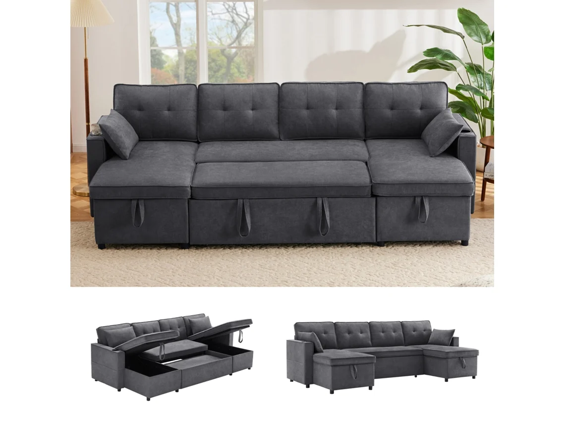 Sofá U Algodón Lino Portavasos Almacenaje Cama Salón Familiar N653p9745gg