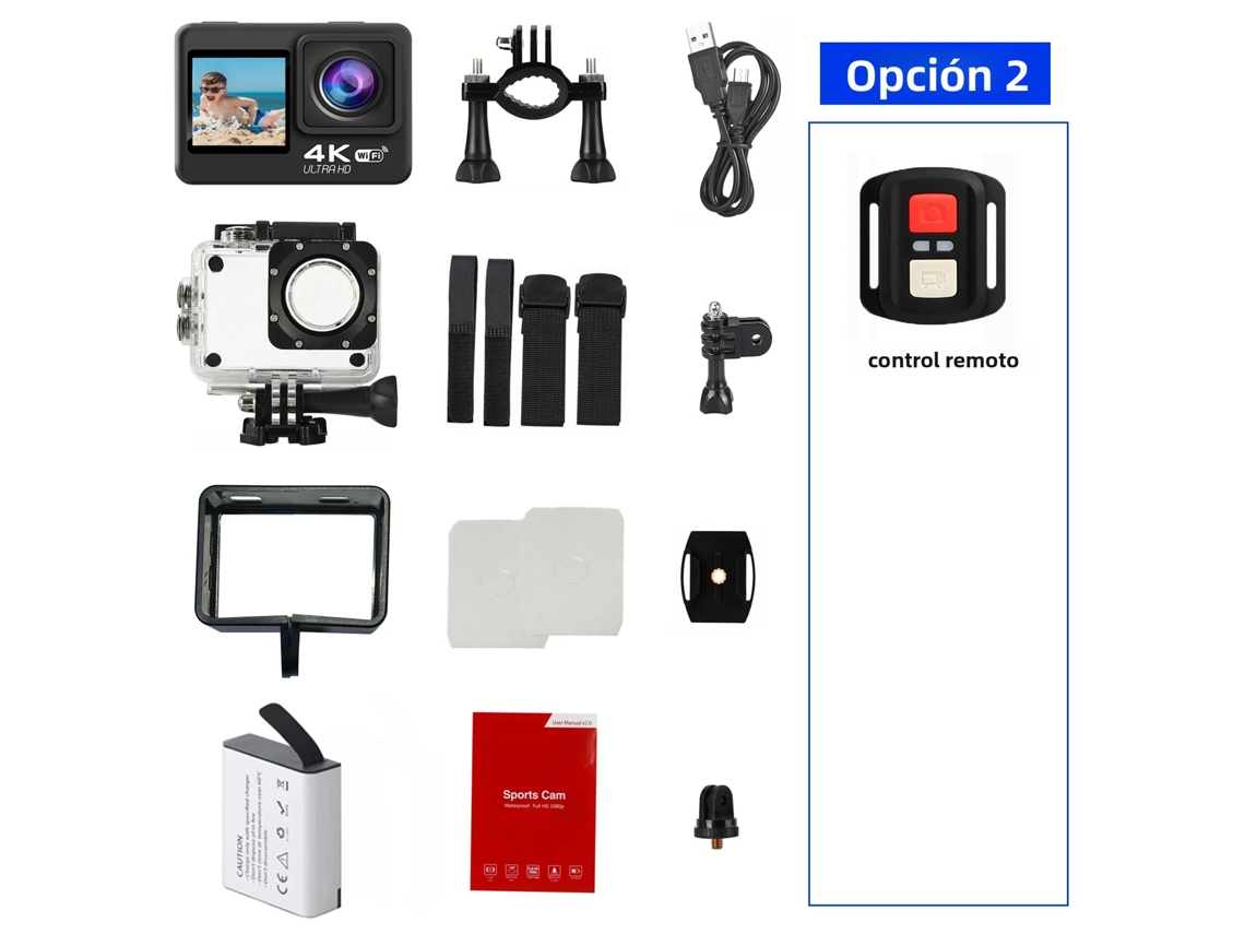 (opción 2) Cámara De Acción 4k 30fps, Pantalla De 2.0 Pulgadas, Wifi Y Control Remoto, Resistente Al Agua.