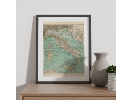 Póster NACNIC Geográficos en Estilo Vintage. Mapa de Italia. Ilustraciones de Antiguos Mapamundis en Tonos Sepia. Tamaño A3, con Marco Blanco.