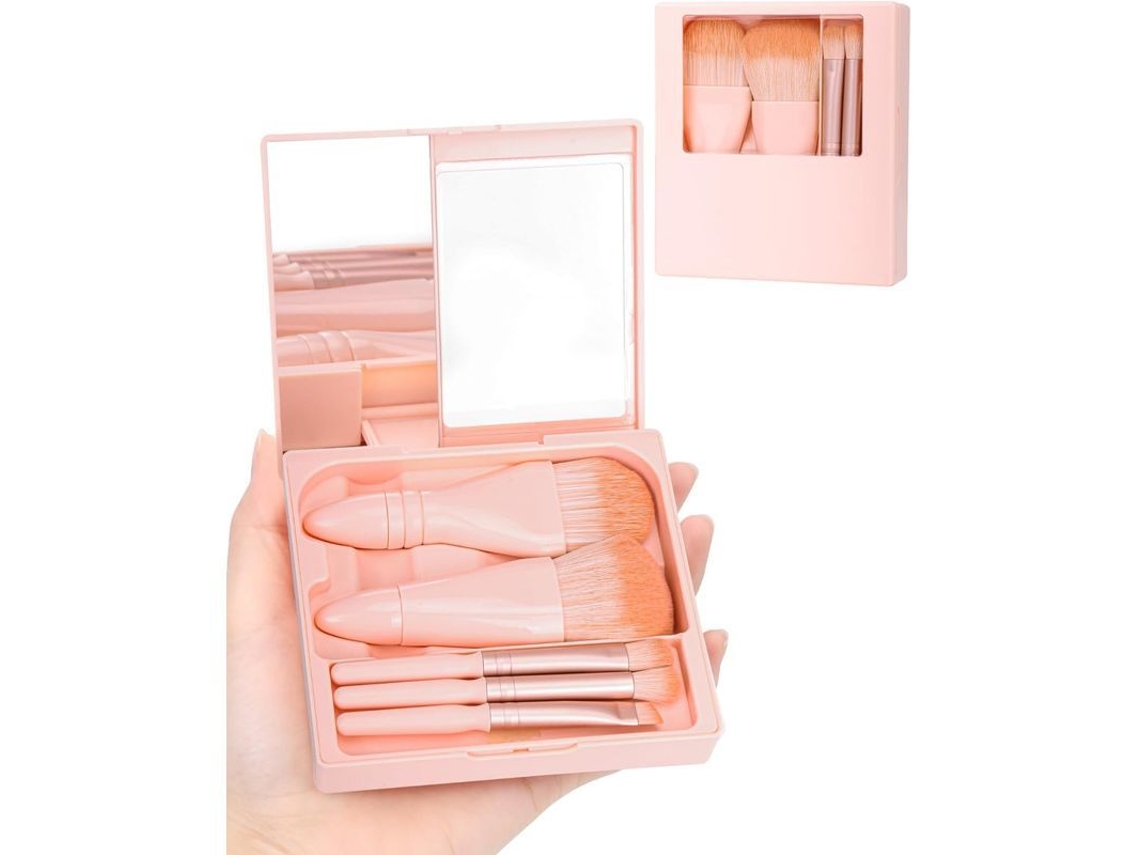 Set De Brochas De Maquillaje Portátil Con Estuche Rígido Y Espejo Incorporado, 5 Brochas Pequeñas Para Cosméticos (rosa Claro)