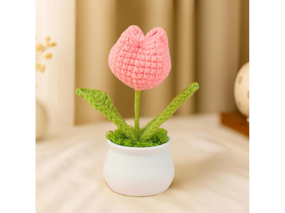 Plantas De Ganchillo En Maceta, Mini Decoración Tejida Para El Hogar/oficina/regalos, Decoración De Escritorio Ecológica, Tulipán Rosa