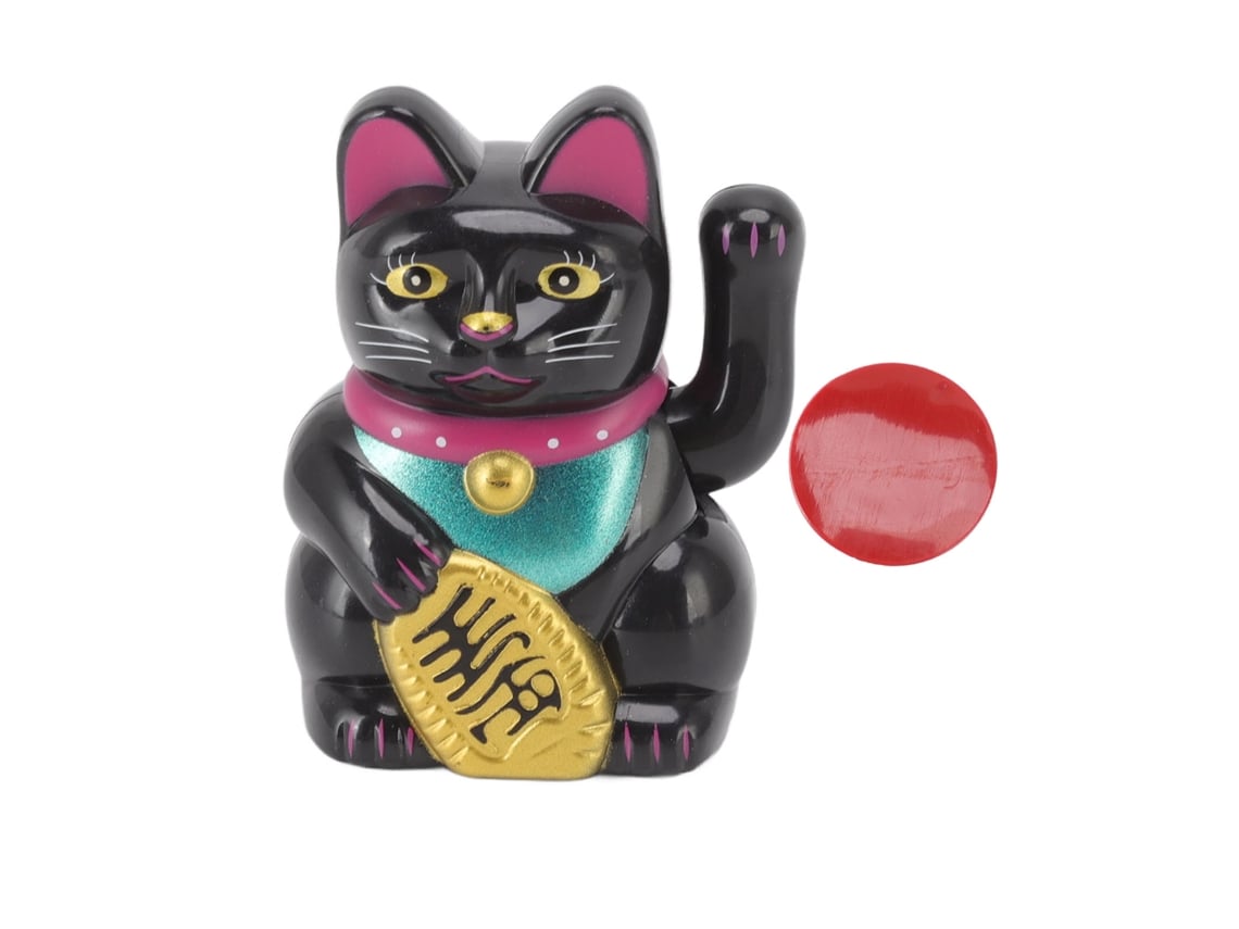 Decoración china de gato de la suerte Baok con brazo móvil, estatua con luz solar para el hogar o el coche, color negro.