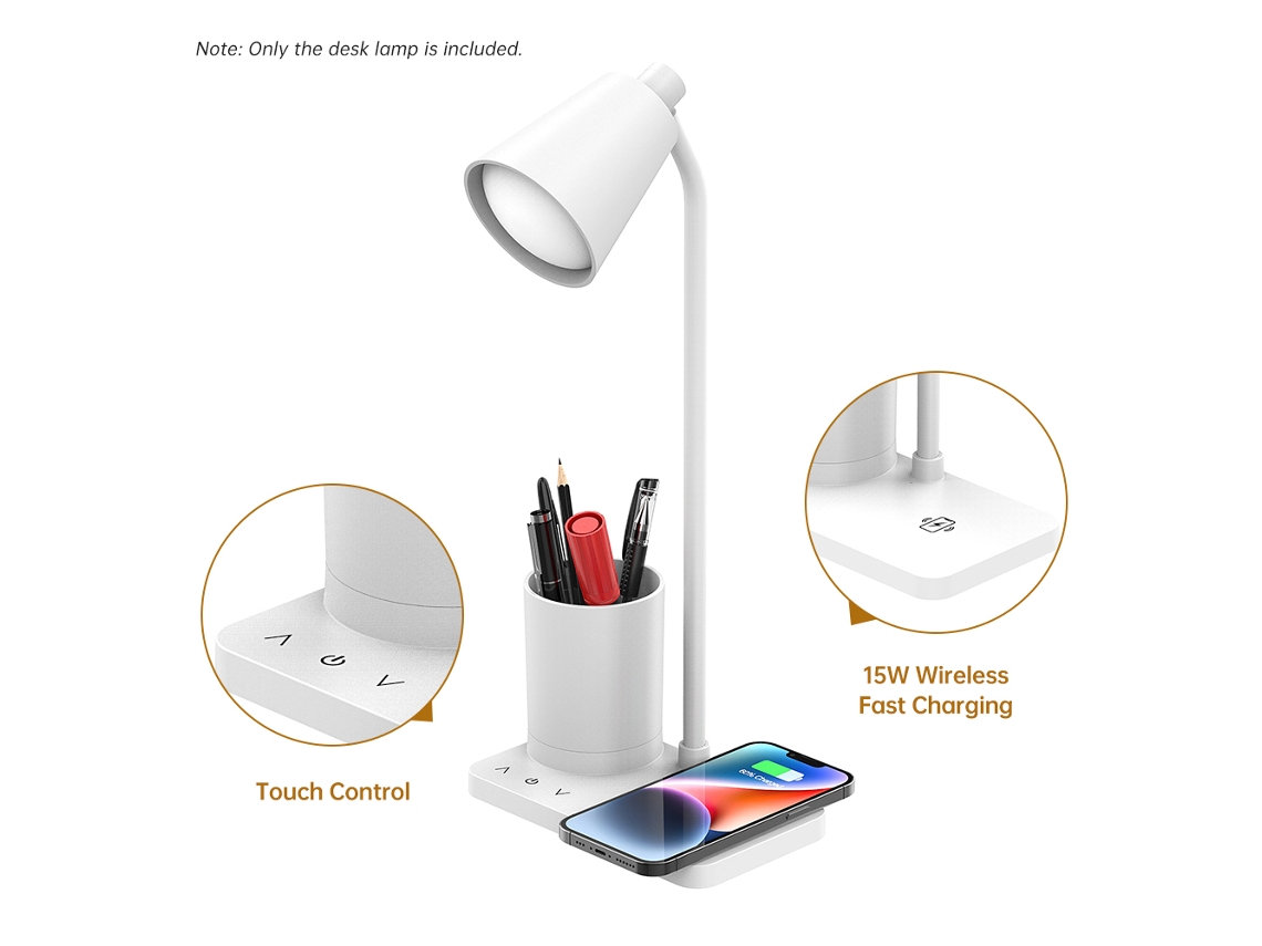 Lámpara De Mesa Led Con Cargador Inalámbrico, 15 W, 4 Niveles De Brillo, Control Táctil, Color Blanco.