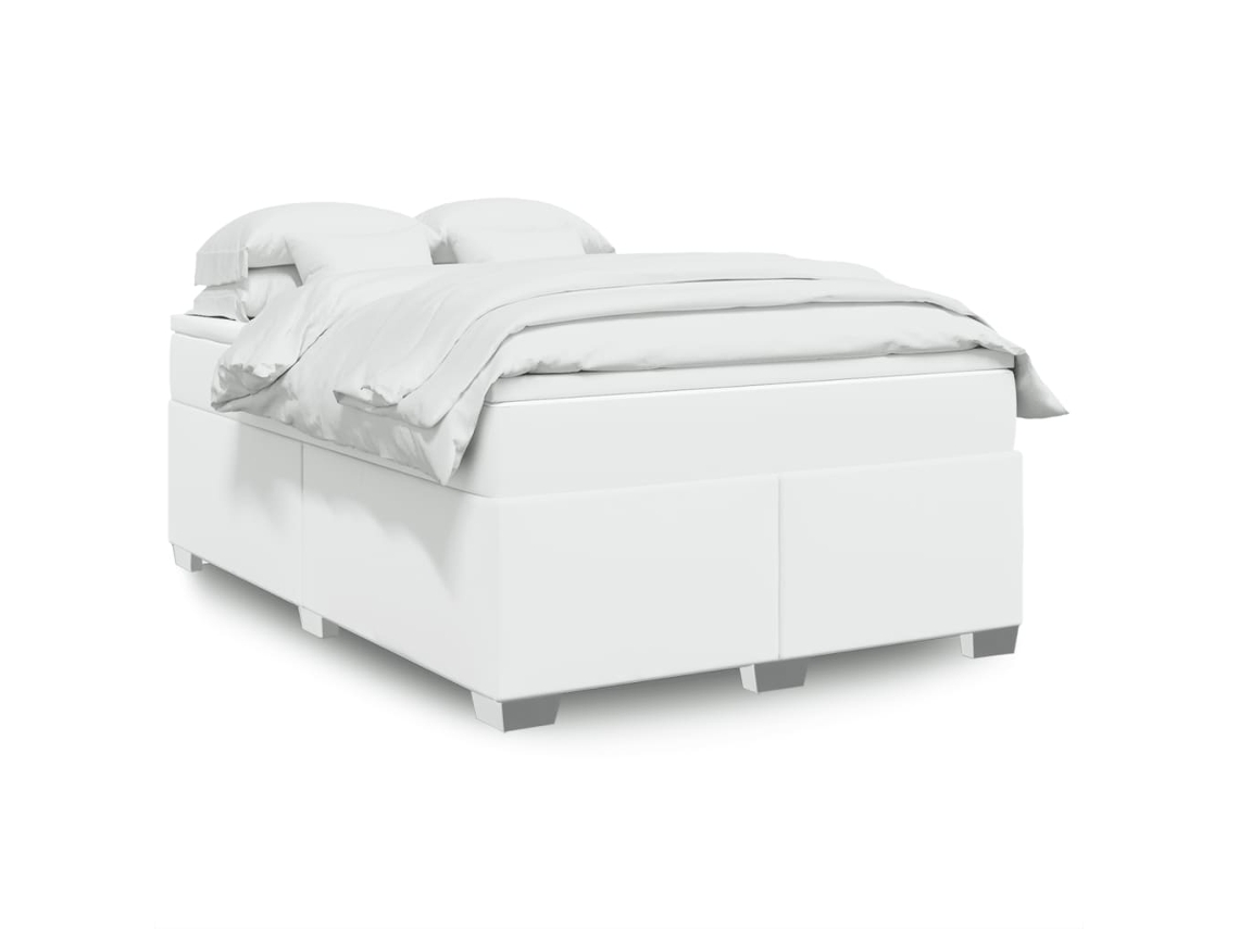 Cama Box Spring Con Colchón Cuero Sintético Blanco 140x190 Cm