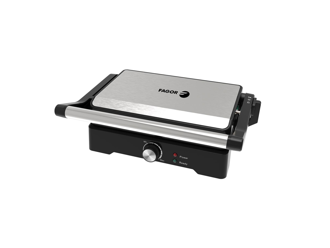 Parrilla multifunción Fagor de 1200 W, control de temperatura, superficie de cocción, apertura de 180º, color plateado, Roastgrill Fge08021