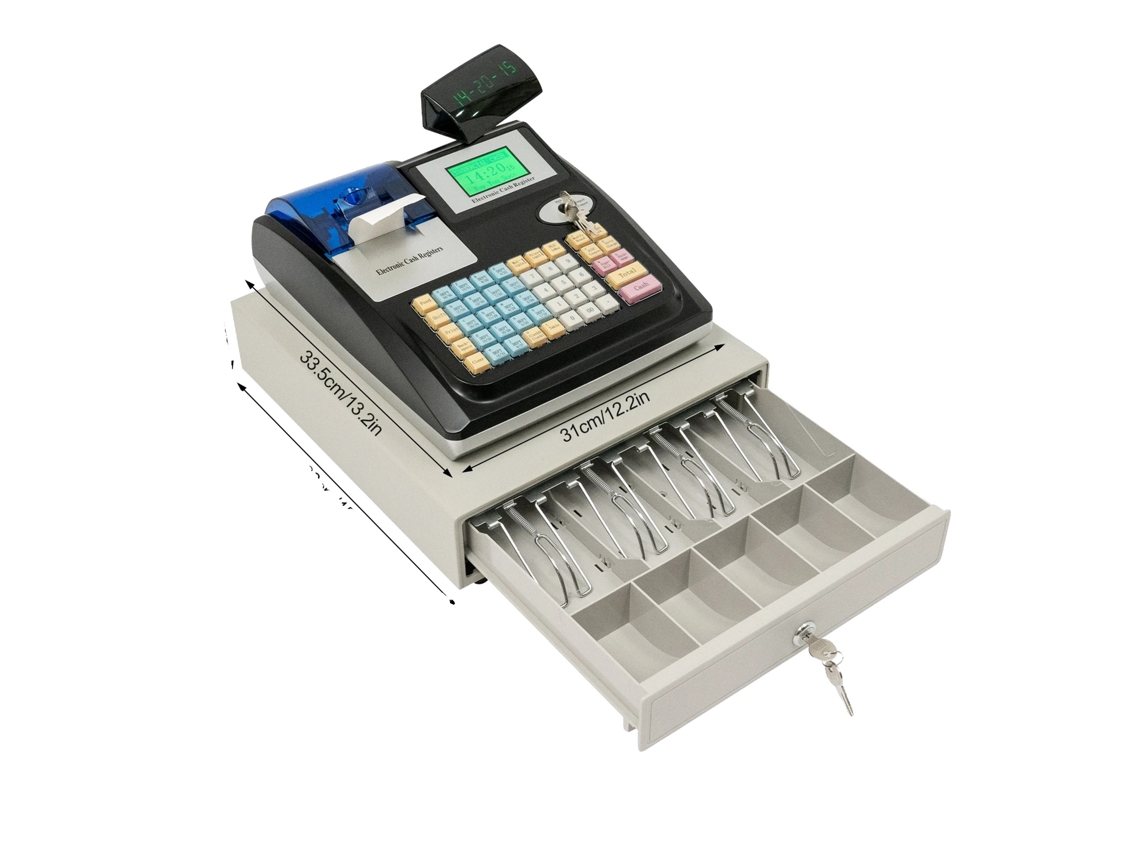 Caja registradora electrónica, 48 teclas, doble pantalla digital, color negro.
