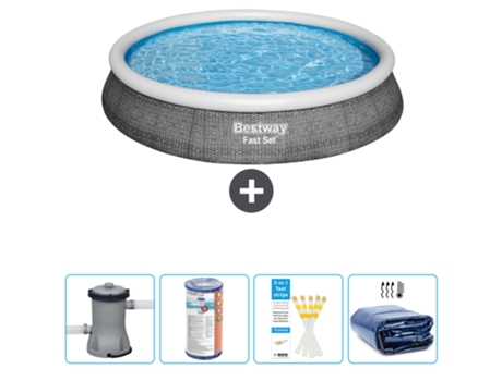 Piscina hinchable redonda Fast Set BESTWAY - Estampado ratán - 396 x 84 cm - Bomba incluida Filtrar - Tiras de prueba - Vela solar