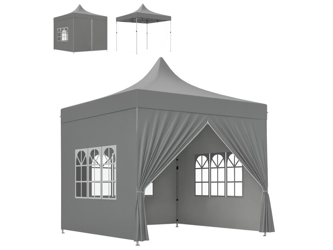 Cenador De Jardín, Carpa Plegable 3 X 3 M, 4 Paneles Laterales Desmontables, 3 Ventanas, Altura Ajustable, Bolsa De Transporte, Gris.