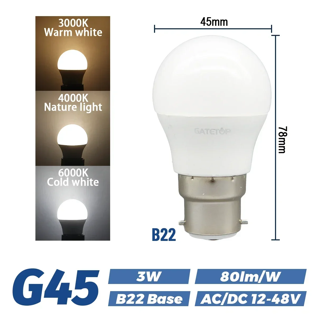 Bombillas Led De Bajo Voltaje (3w B22, Luz Blanca Cálida 3000k), Paquete De 5 Unidades, 12v-48v