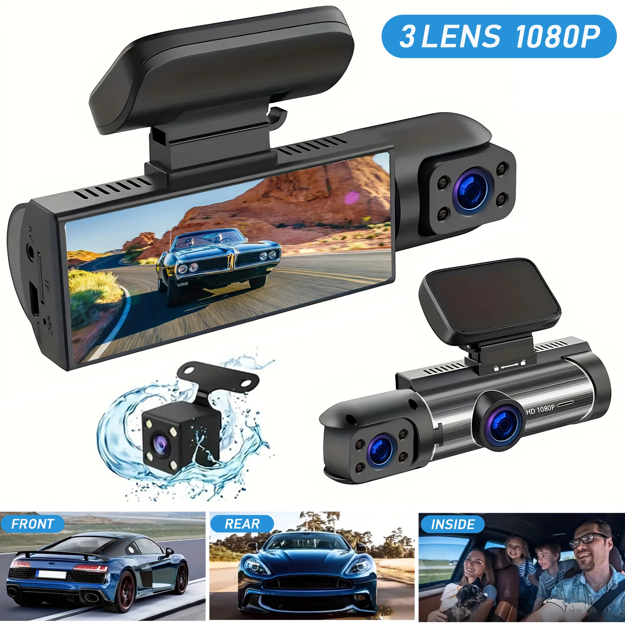 (Tarjeta SD de 32 GB) Cámara para automóvil de 1080p, grabación dual frontal y trasera, con visión nocturna por infrarrojos y lente gran angular.