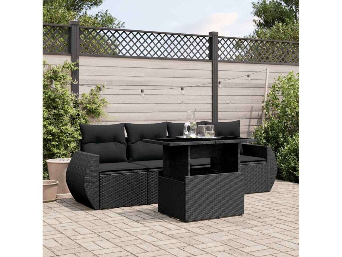 Conjunto de sofá de jardín de 5 piezas con cojines de mimbre sintético negro, Dkd Home Decor