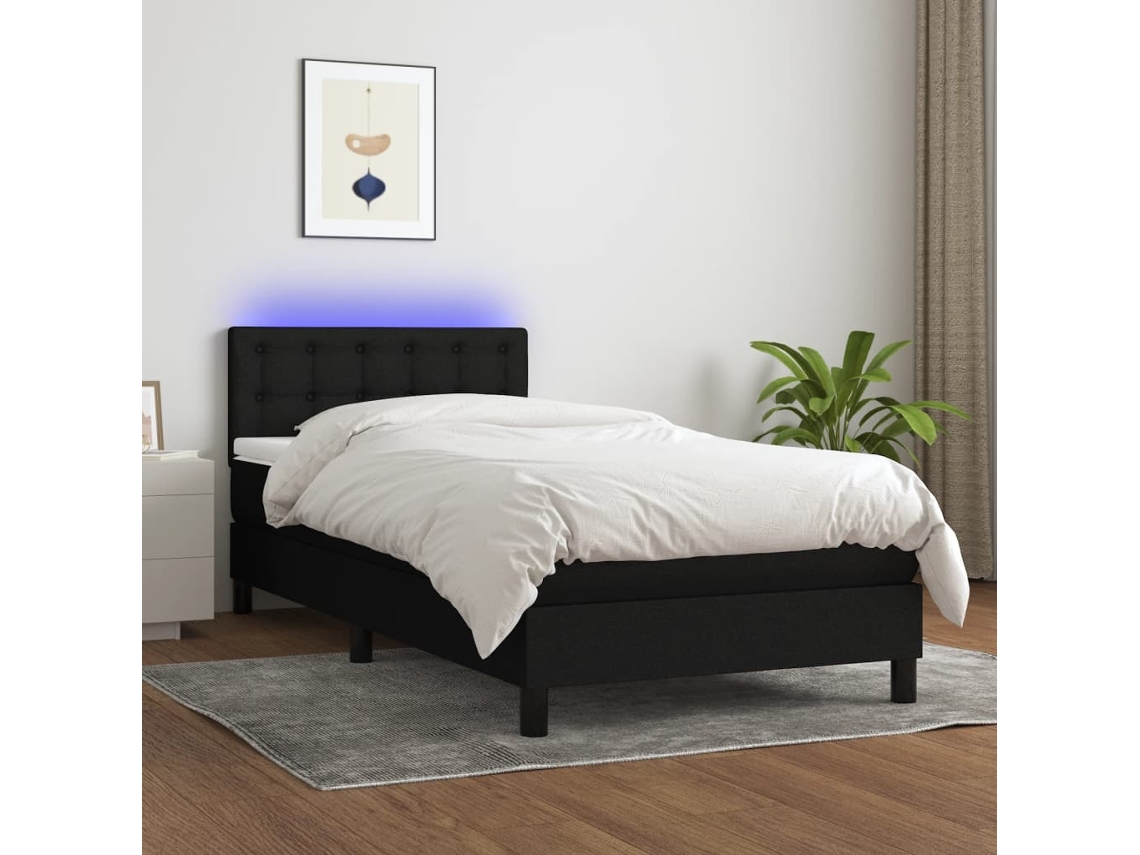 Cama Box Spring Colchón Y Luces Led Tela Negro 90x200 Cm