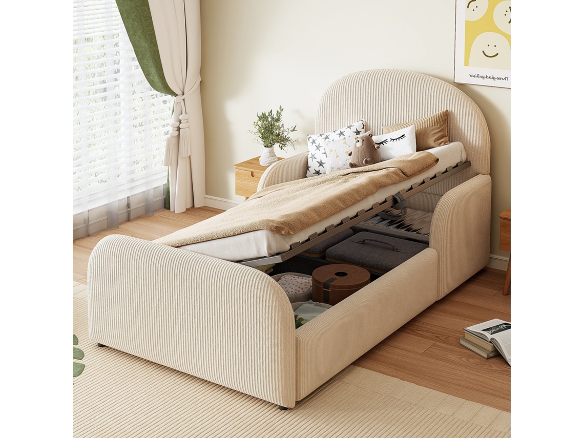 Cama Infantil Tapizada 90x200 - Con Almacenamiento Hidráulico, Cabecero Alto Y Barandillas De Seguridad - Beige